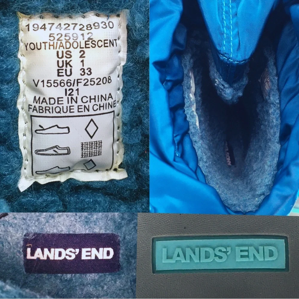 Lands' End Kids Teal Blue Snowflake Insulated Youth Winter Boots size 2